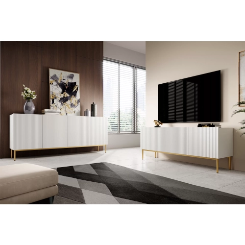 Szafka RTV z szufladą Nicole 200 cm - biały mat / złote nóżki